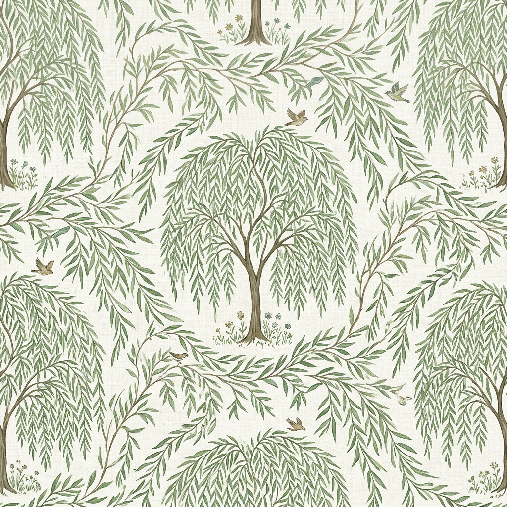 Pattern of weeping willow trees with leaves and small birds on branches on a light background